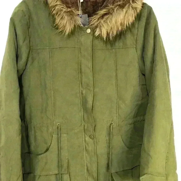 Women's Winter Olive Green Coat Hooded Warm Jacket with Fur Trim Size Medium - Picture 4 of 15